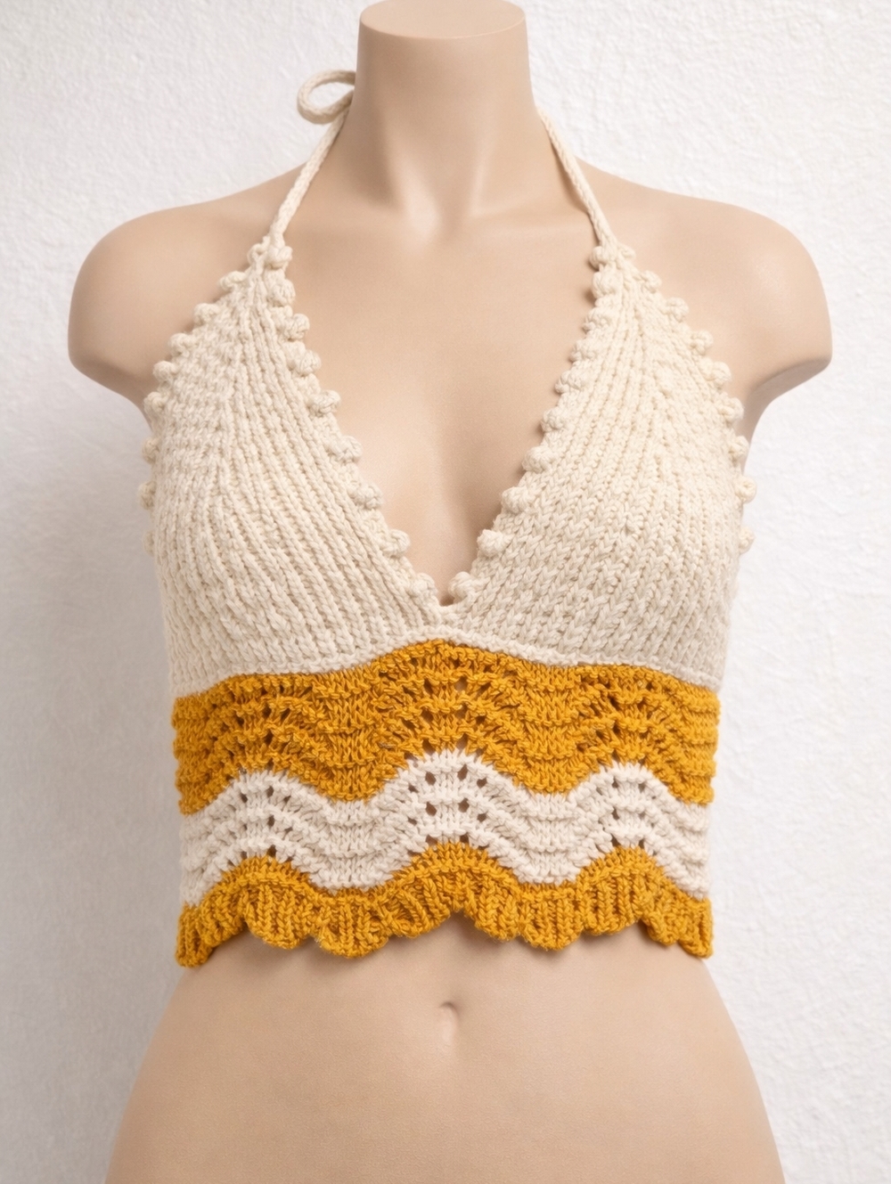 ZARA Crochet Knit Halter Top Cream Mustard Size S NWOT